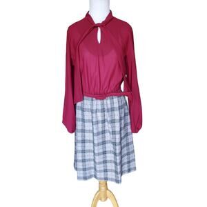 Vintage Belted Shirt Dress Red Plaid Tie Neck Elastic Sleeves Vest1970s Fits S/M